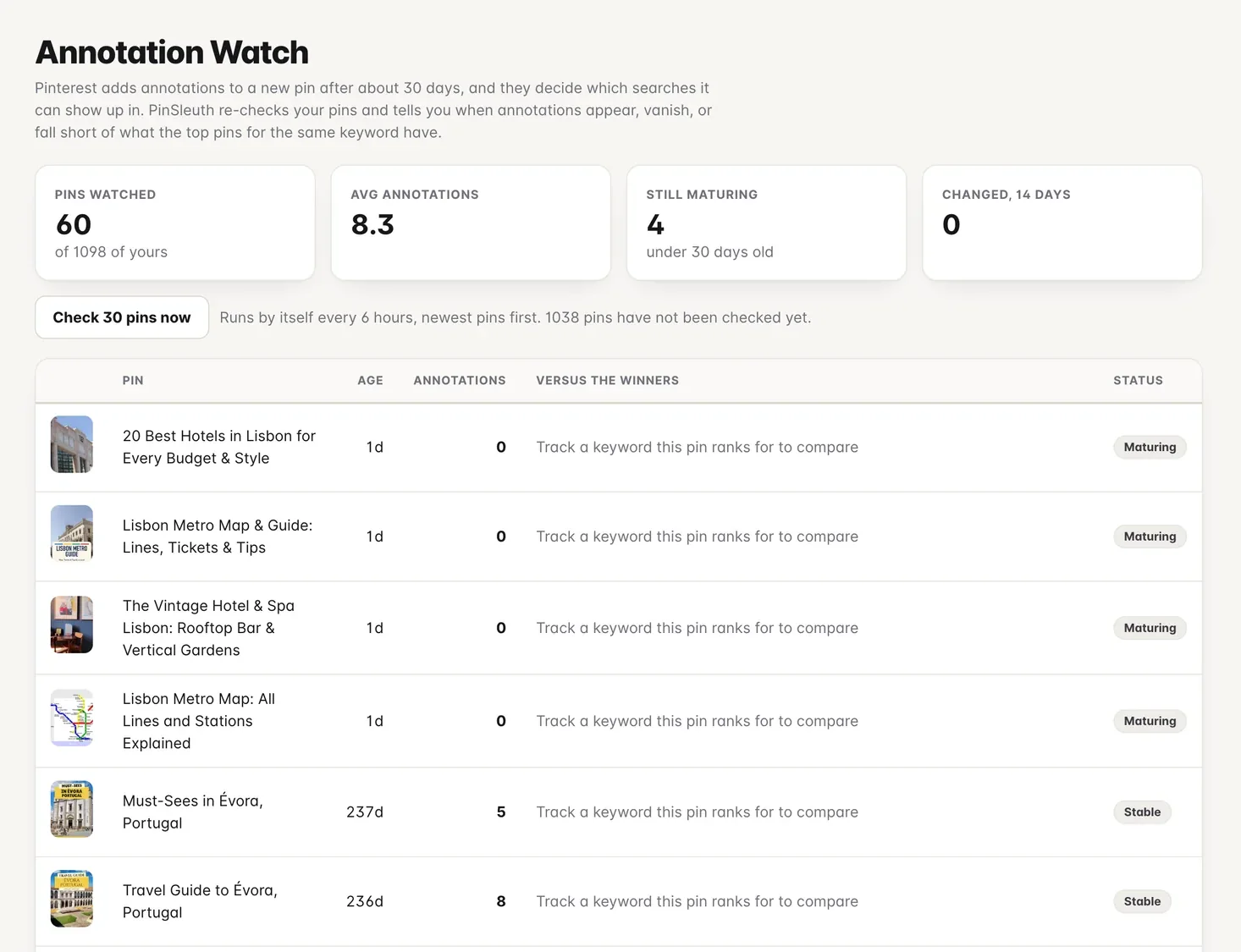 The Annotation Watch screen listing pins, their annotation counts and status