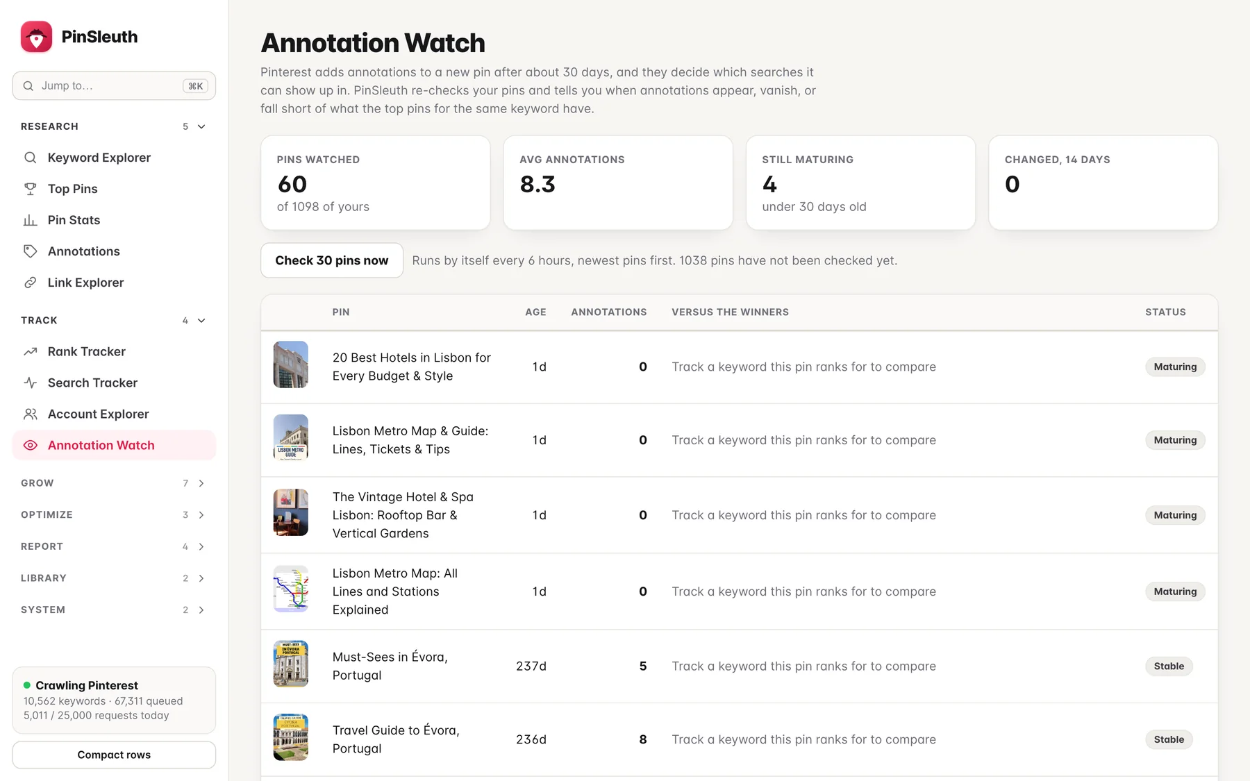 The Annotation Watch screen listing pins, their annotation counts and status