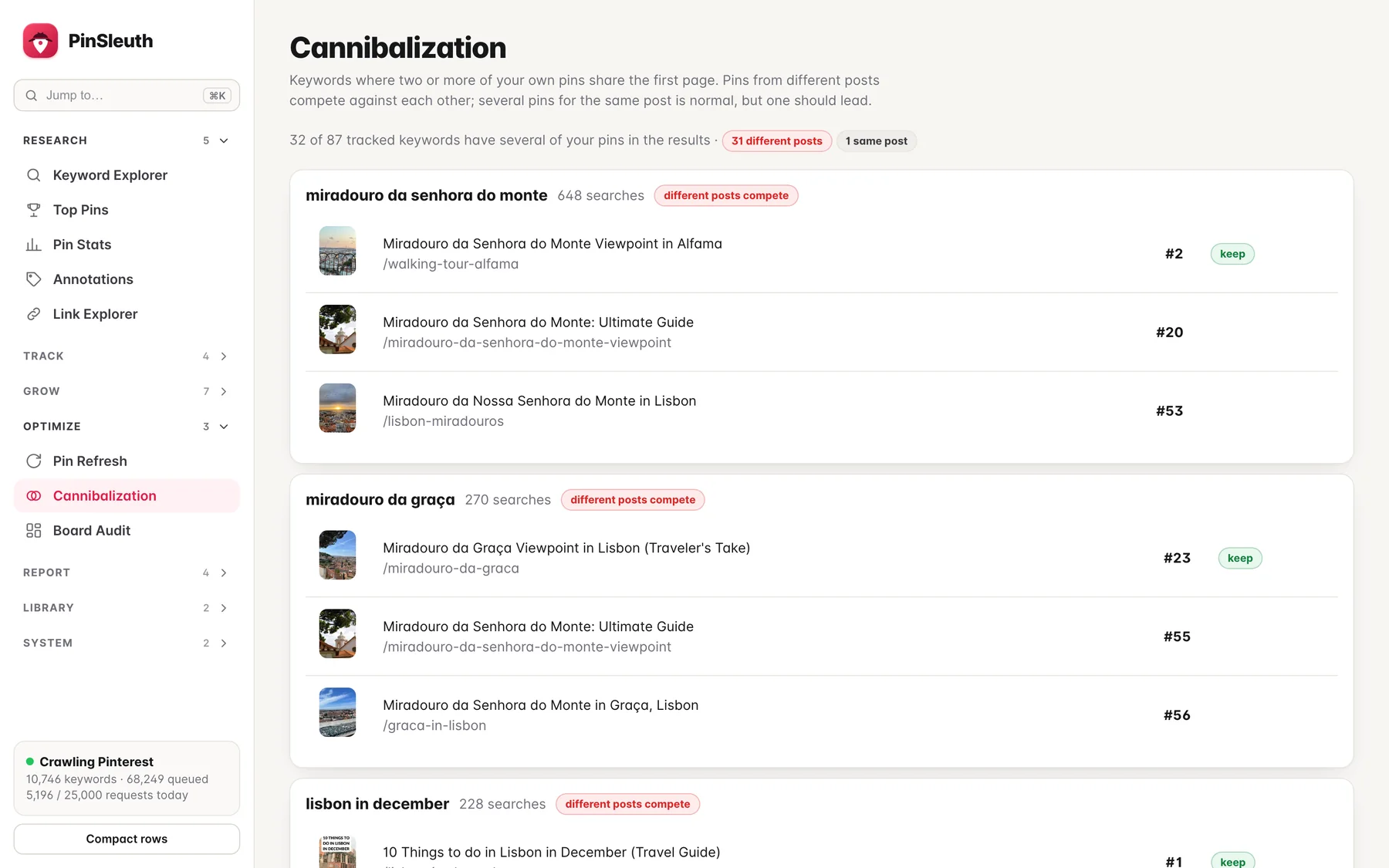 Cannibalization screen showing keywords where your own pins compete