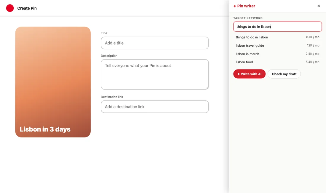 Short demo: typing a keyword in the PinSleuth pin writer panel on Pinterest, getting natural title and description drafts, and filling them into the pin