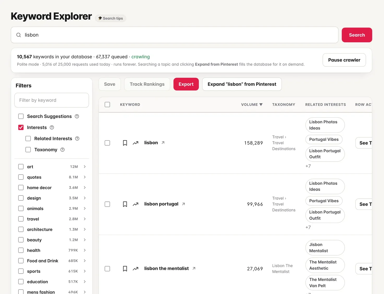 Keyword explorer listing keywords with monthly search volumes