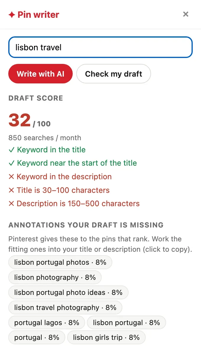The pin writer panel scoring a draft and listing missing annotations