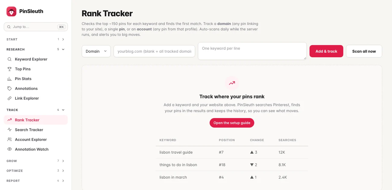 The Rank Tracker before any keywords are added, with an example of the table it will show