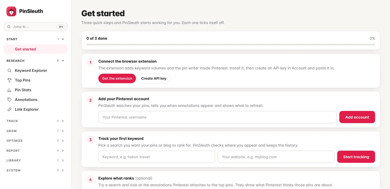The Get started checklist: connect the extension, add your account, track your first keyword