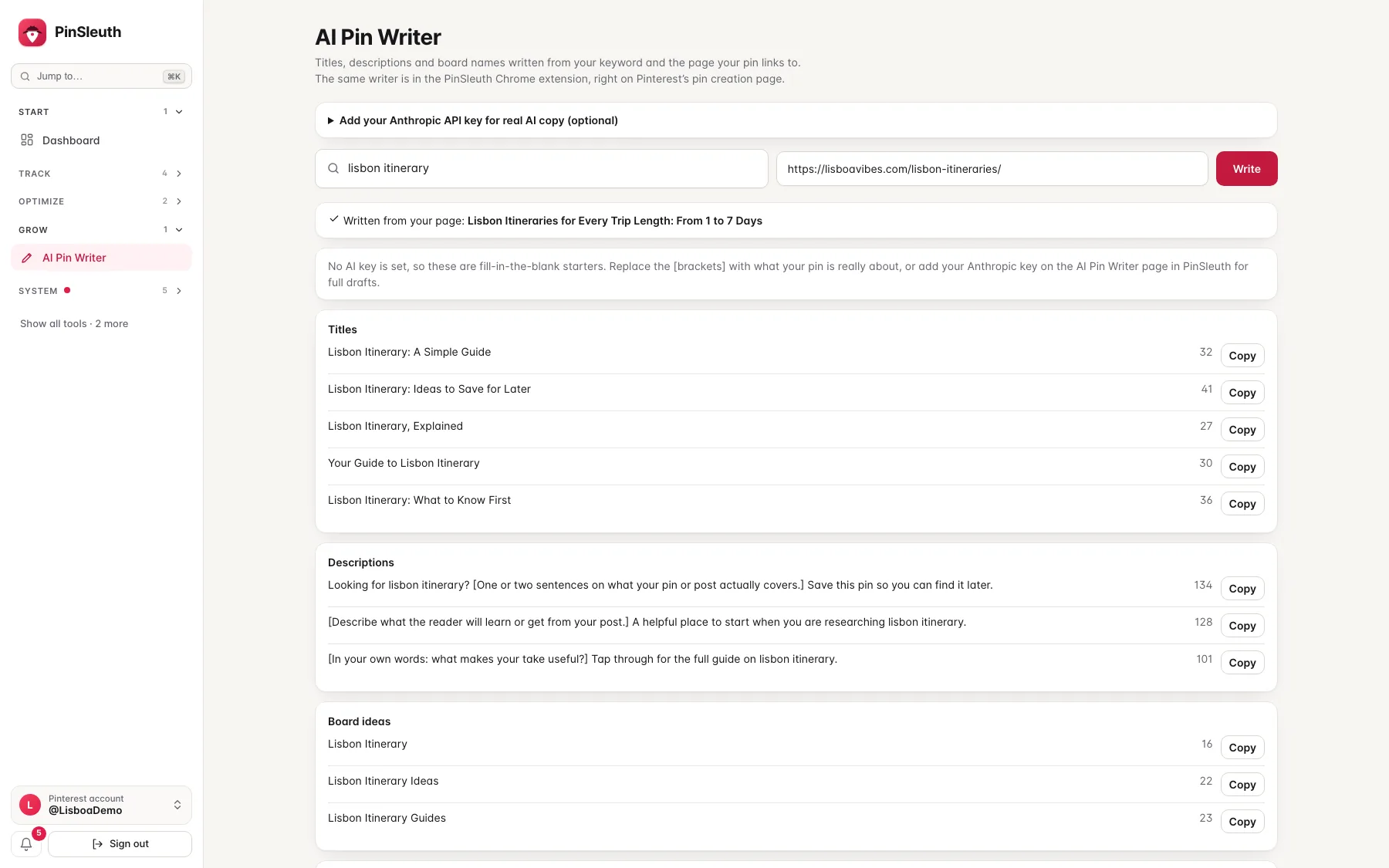 The PinSleuth pin writer: titles, descriptions, board ideas and alt text written from a keyword and the page the pin links to, each with a Copy button